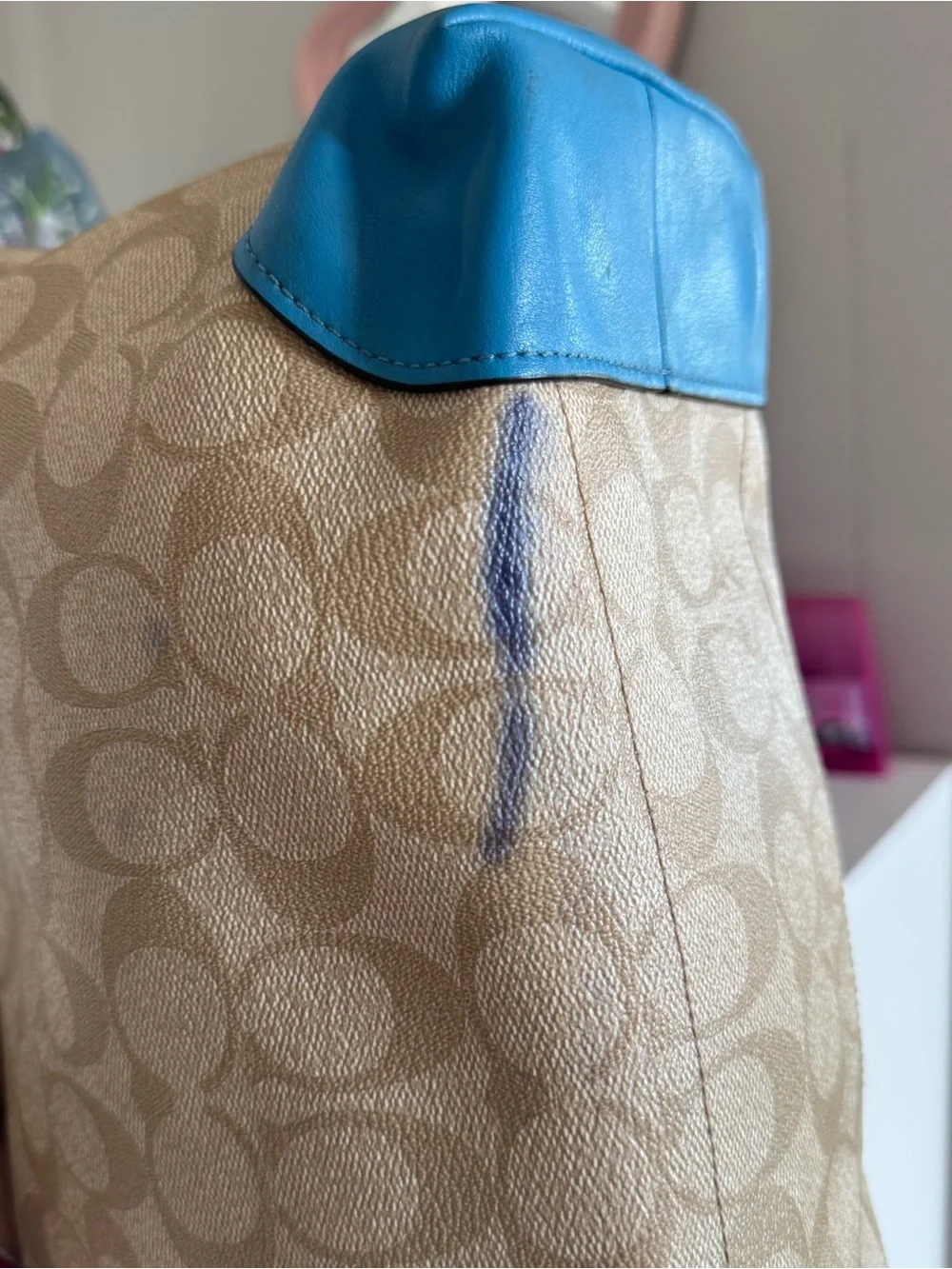 Coach Beige Signature Tote with Bright Blue Leather Trim and Matching Wallet